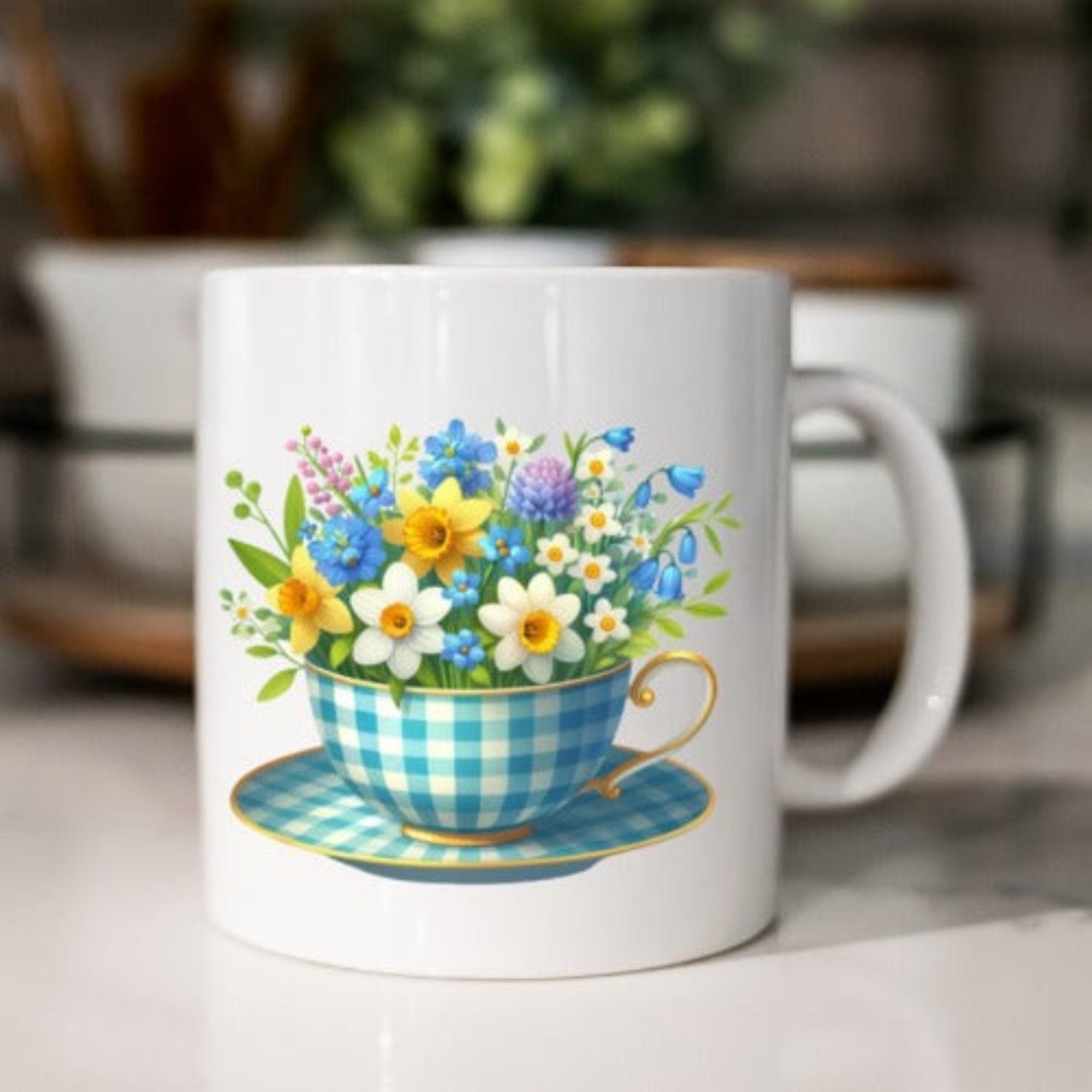 Blue teacup of flowers